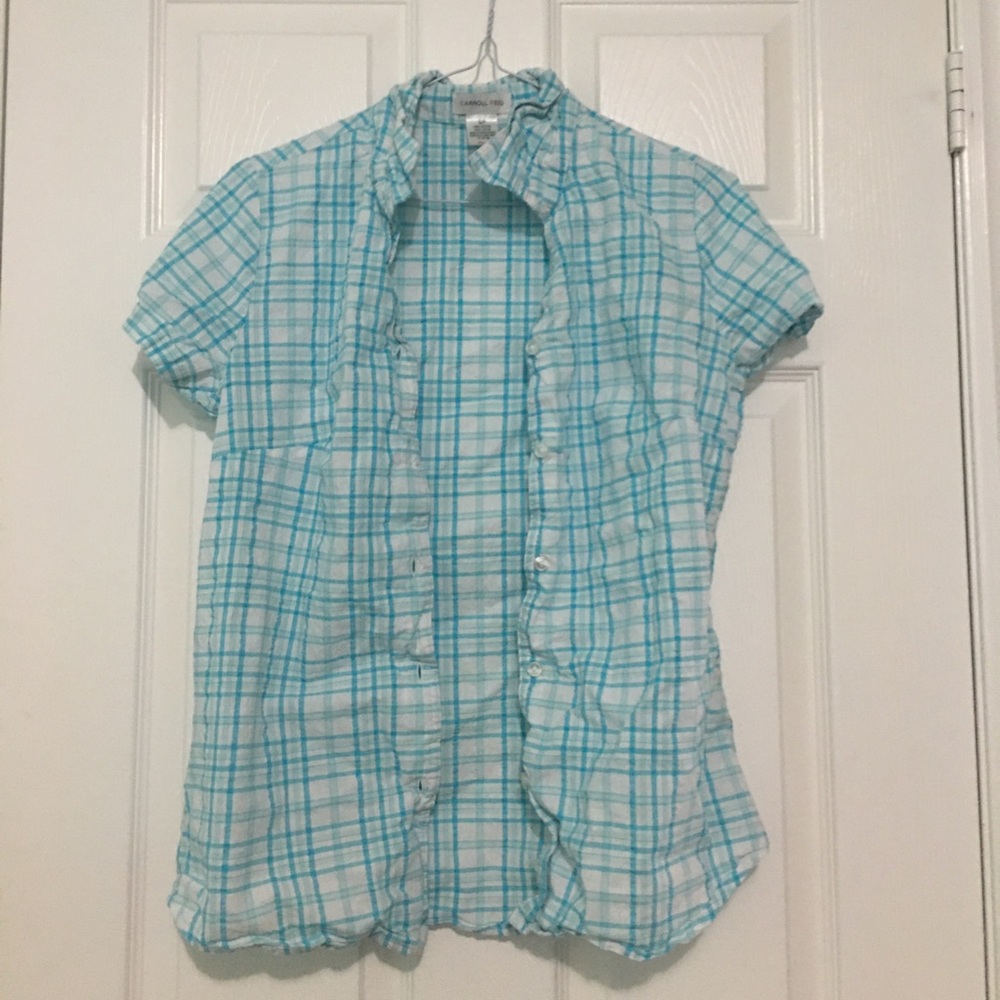 blue and white checkered button up shirt